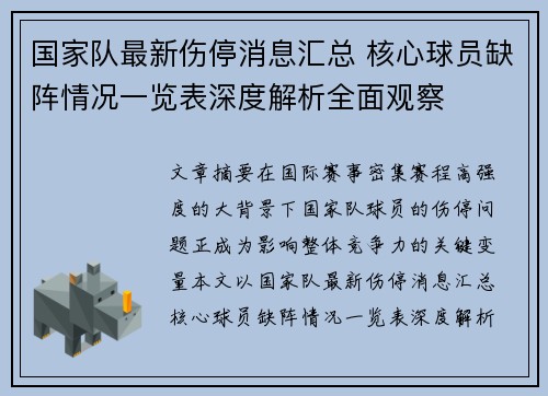国家队最新伤停消息汇总 核心球员缺阵情况一览表深度解析全面观察